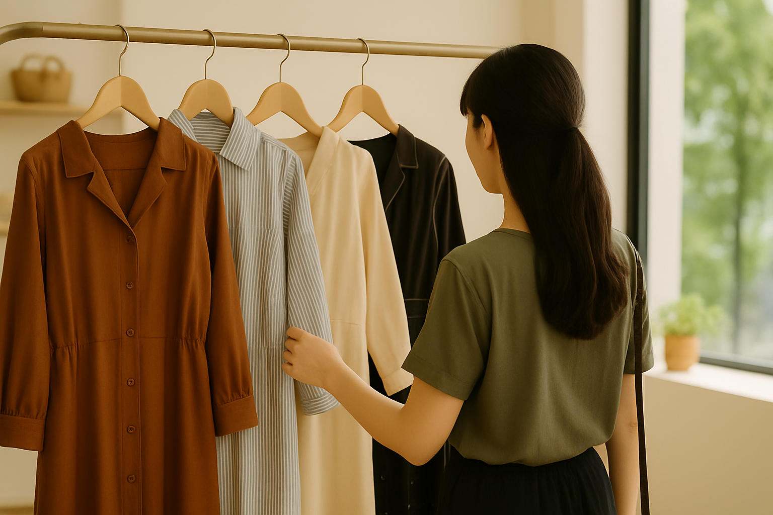 自然光の入るショップで、大人の女性がシャツワンピースを選んでいる後ろ姿。色や素材が異なる数着が並ぶ。