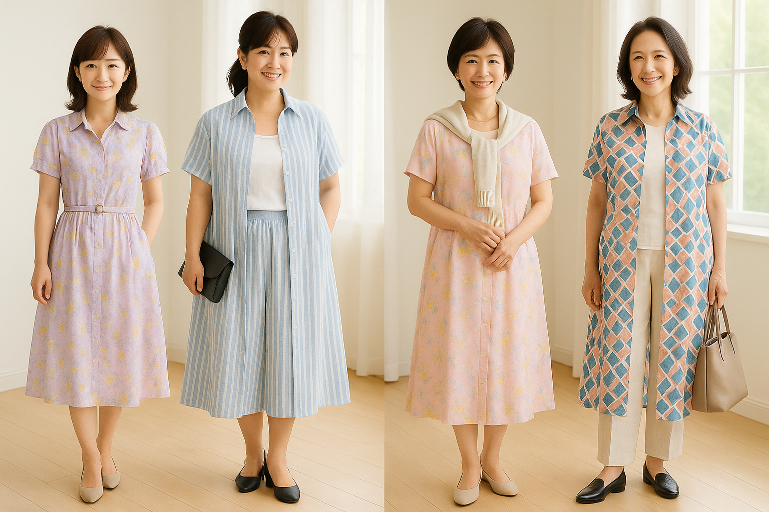パステル柄のシャツワンピースを年代別・体型別に着こなす4人の女性。室内で明るくナチュラルな雰囲気。