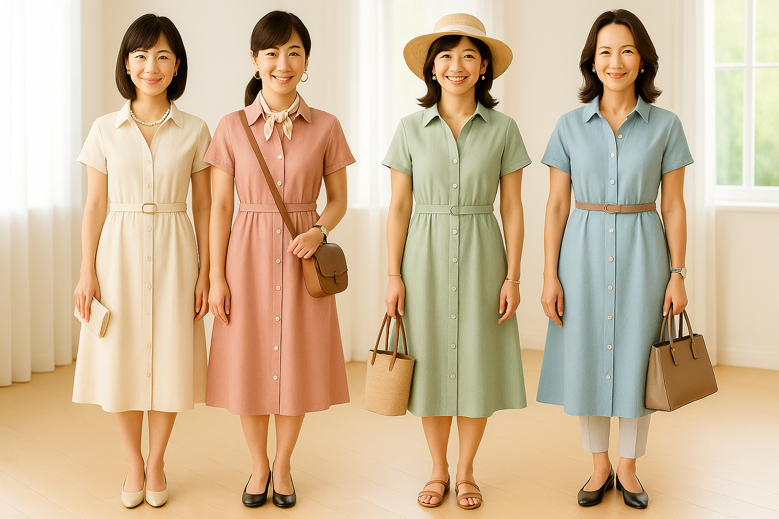 アクセサリーで個性を引き立てた4人の女性のシャツワンピースコーディネート