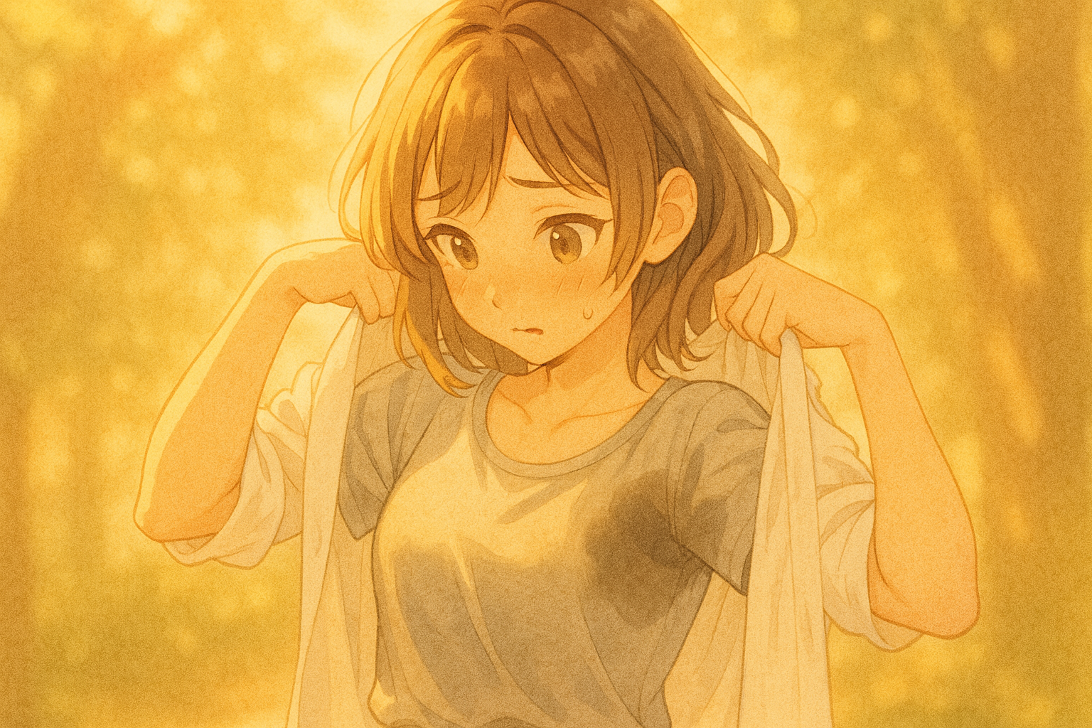 木漏れ日の中、白いシャツを広げてTシャツの汗ジミを確認する女の子のイラスト