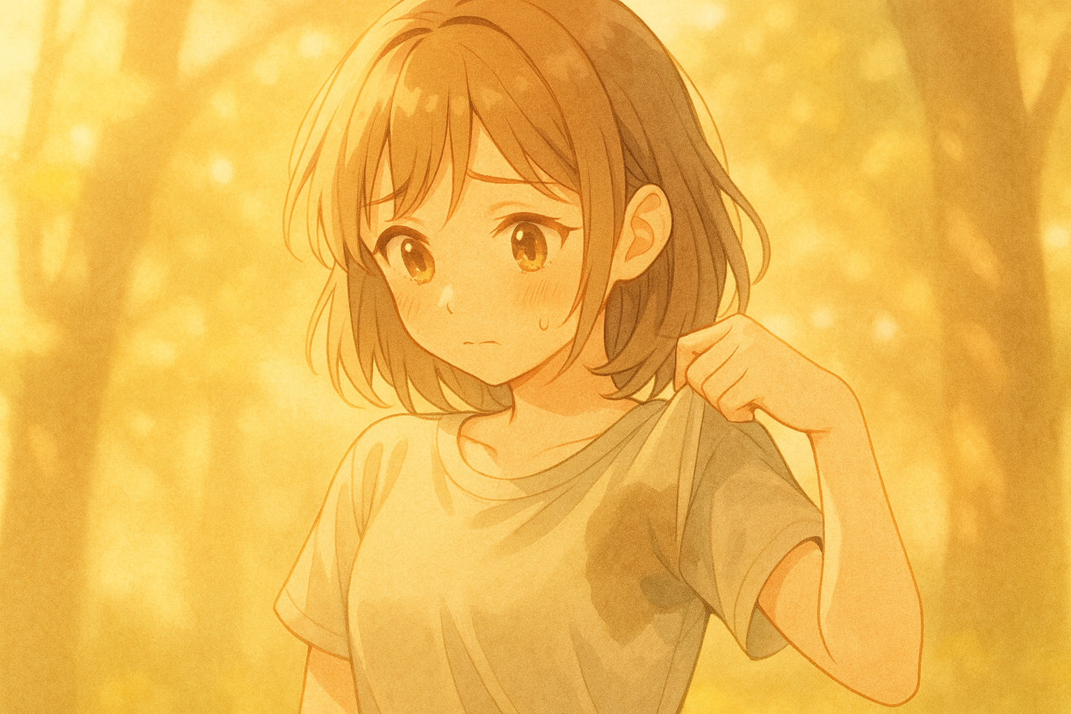 淡いアニメ調で描かれた、灰色のTシャツの汗ジミを確認して少し恥ずかしそうな女の子のイラスト