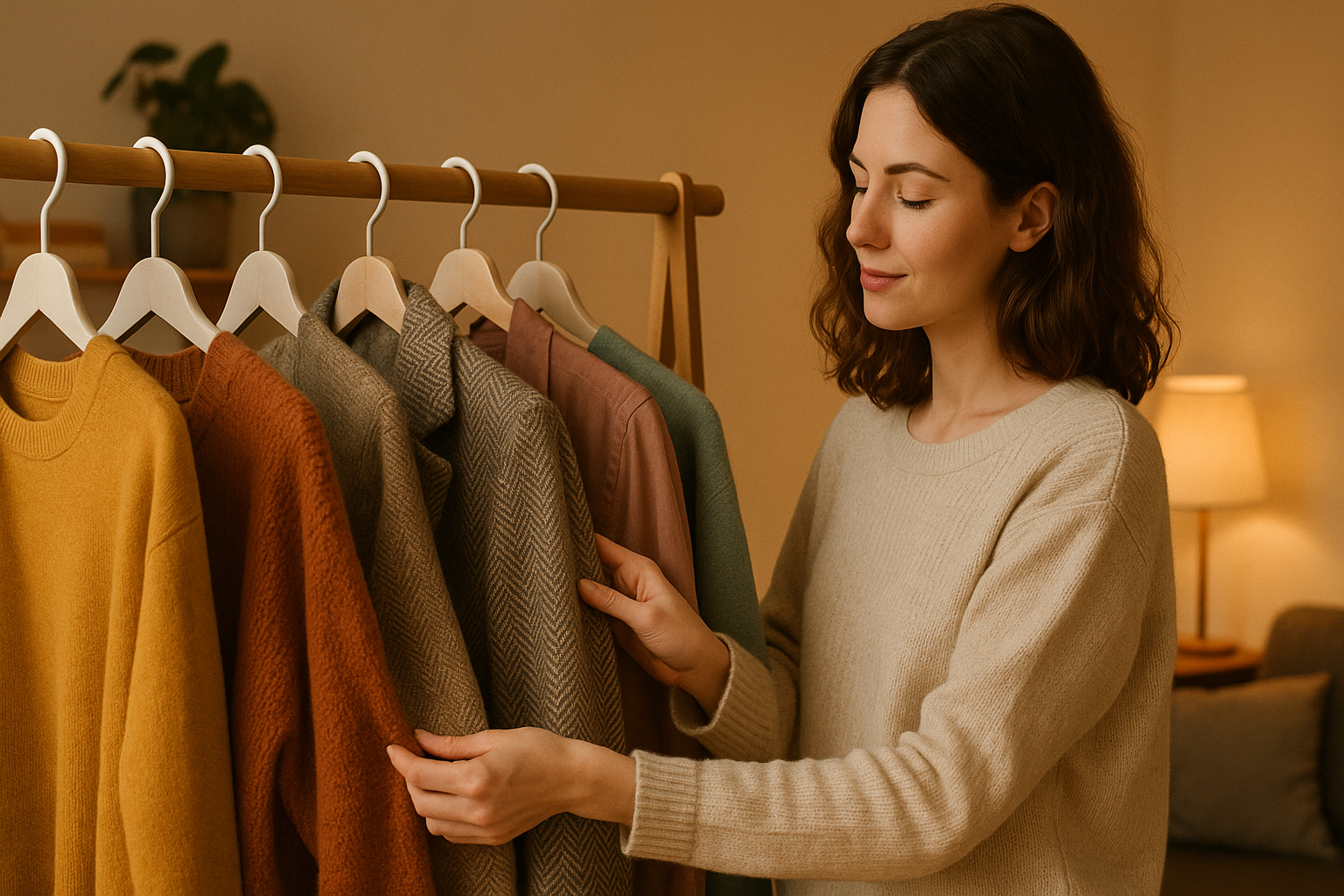 服の色や素材を選びながらコーディネートを考える女性