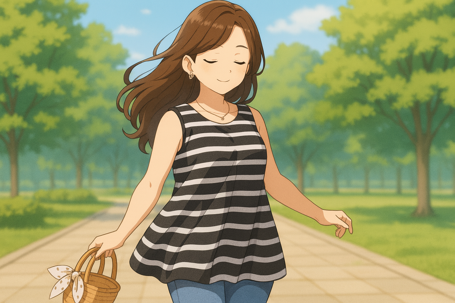 30代女性。黒と白のボーダー柄チュニックを着て公園を歩く姿。栗色の長い髪が風に揺れ、優しい笑みを浮かべている。