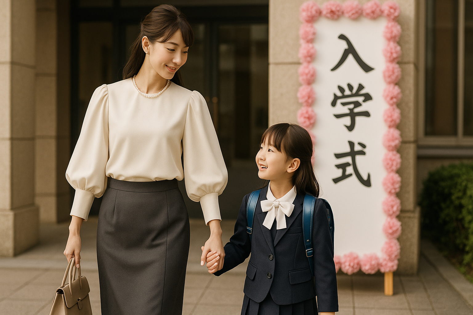 ボリューム袖ブラウスとフォーマルスカートで入学式に向かう母親と子どもの後ろ姿