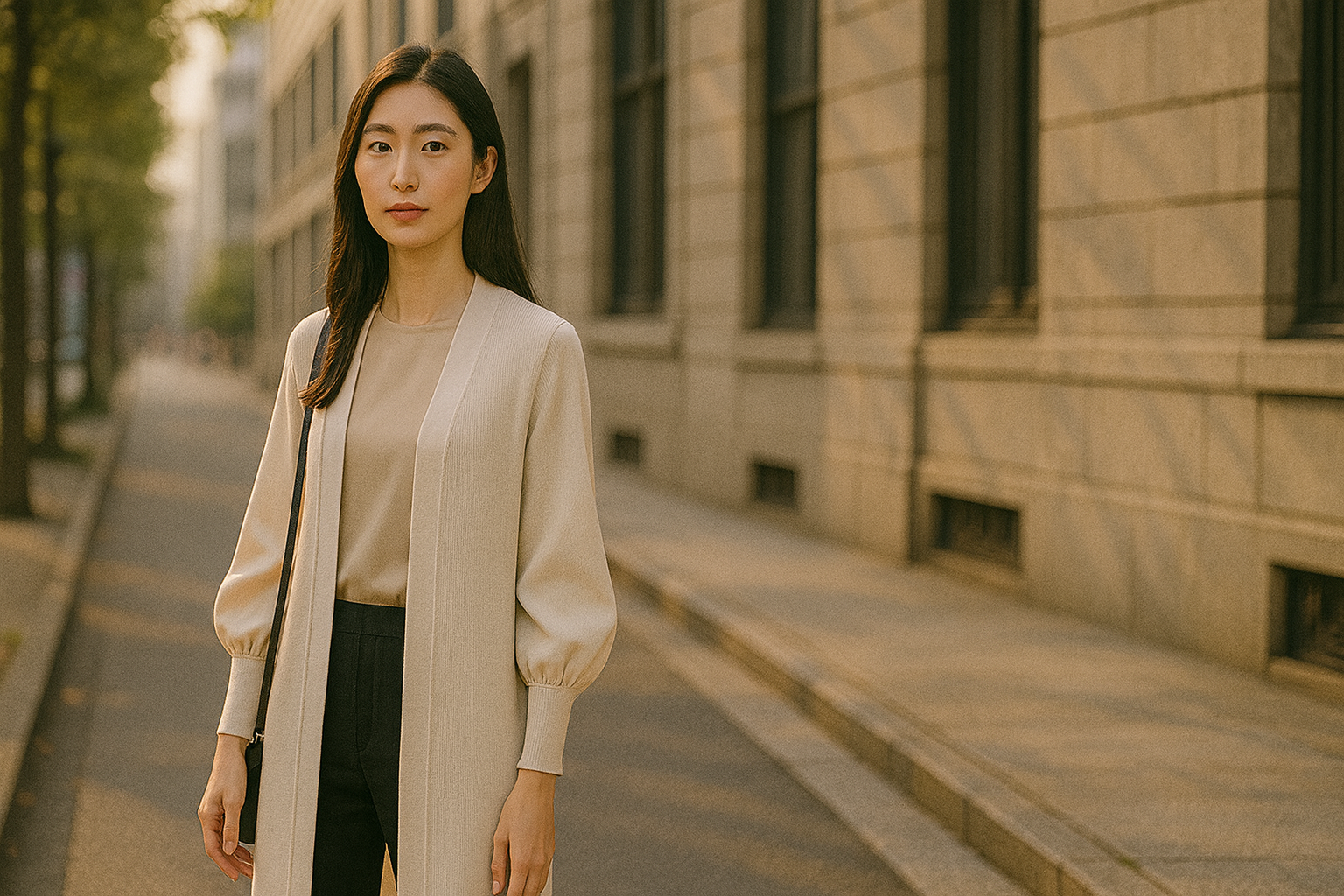 ボリューム袖ブラウスにロングカーディガンを羽織り縦ラインを作る女性