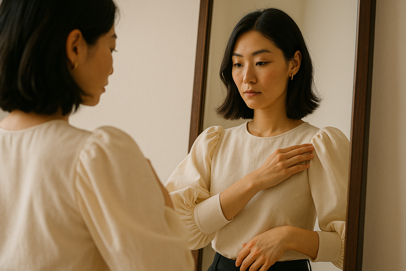 鏡でボリューム袖の形を確認する女性