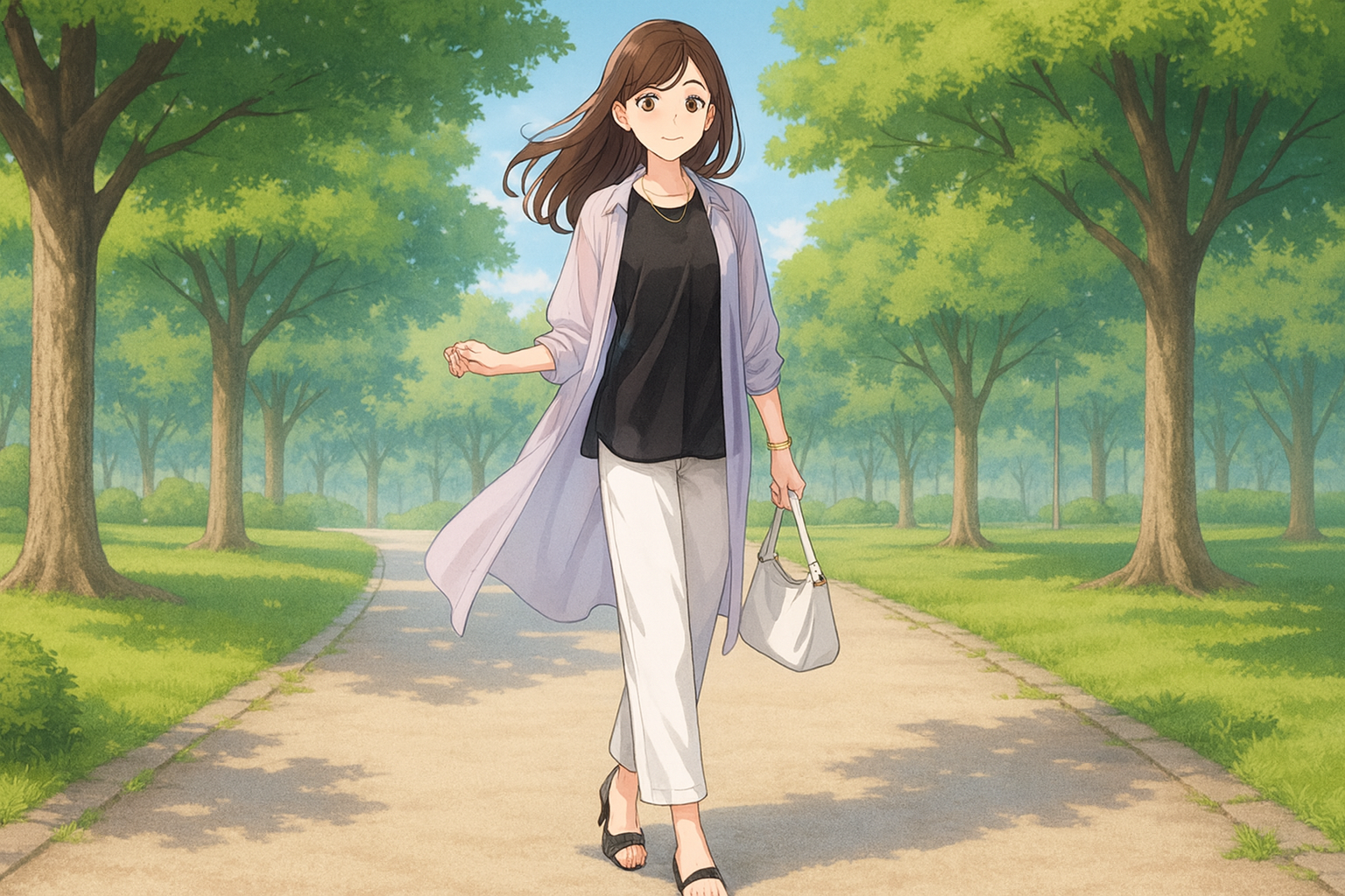 30代女性。透け感のある黒のノースリーブチュニックに白のパンツ&シアーロングシャツワンピースを合わせ、片手に白いバッグを持って公園を歩く姿。栗色の髪が風に揺れ、上品で自然体な雰囲気を漂わせている。