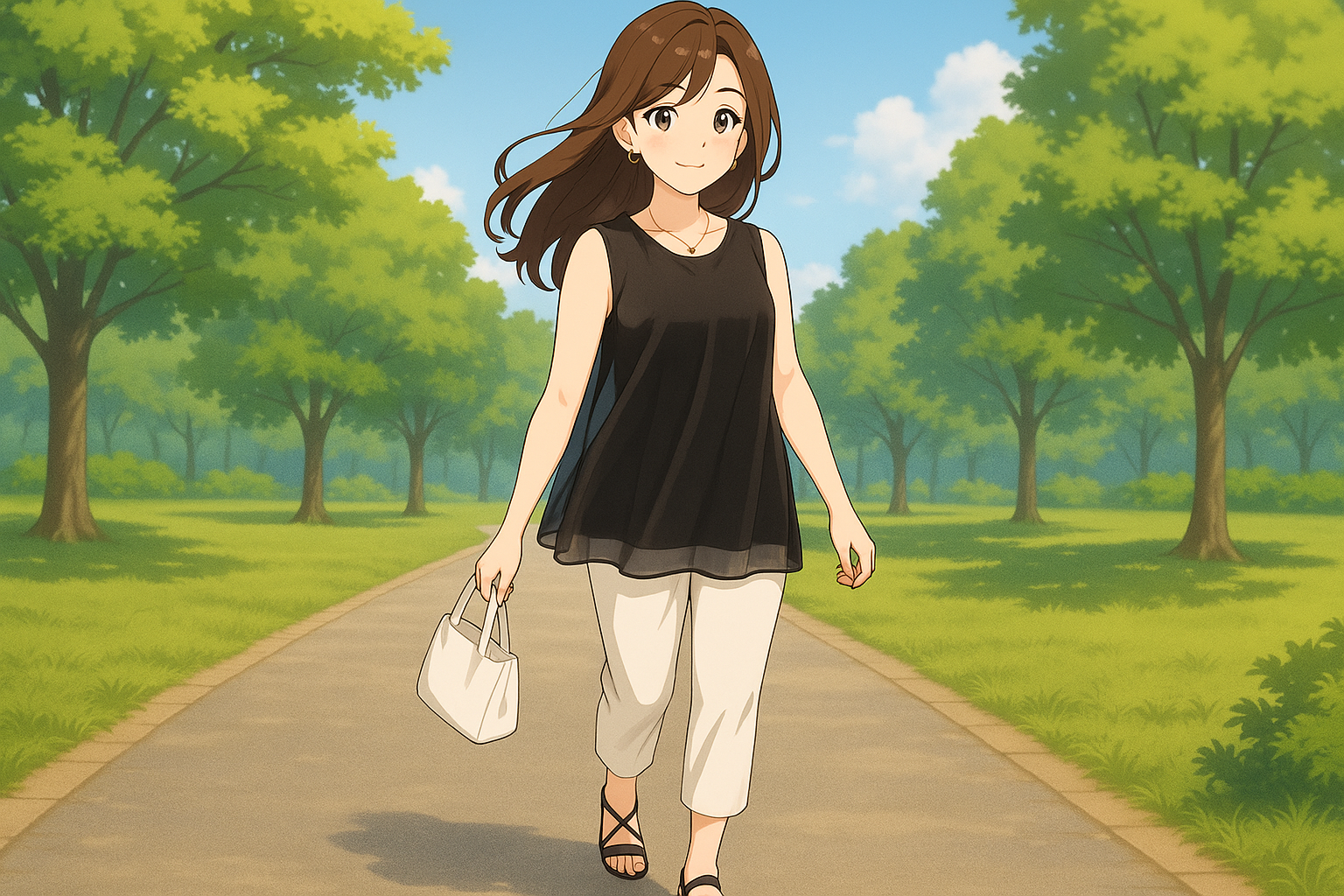 30代女性。透け感のある黒のノースリーブチュニックに白のパンツを合わせ、片手に白いバッグを持って公園を歩く姿。栗色の髪が風に揺れ、上品で自然体な雰囲気を漂わせている。