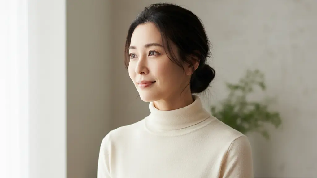 タートルネックを着て窓辺に座る女性の自然で上品なポートレート写真