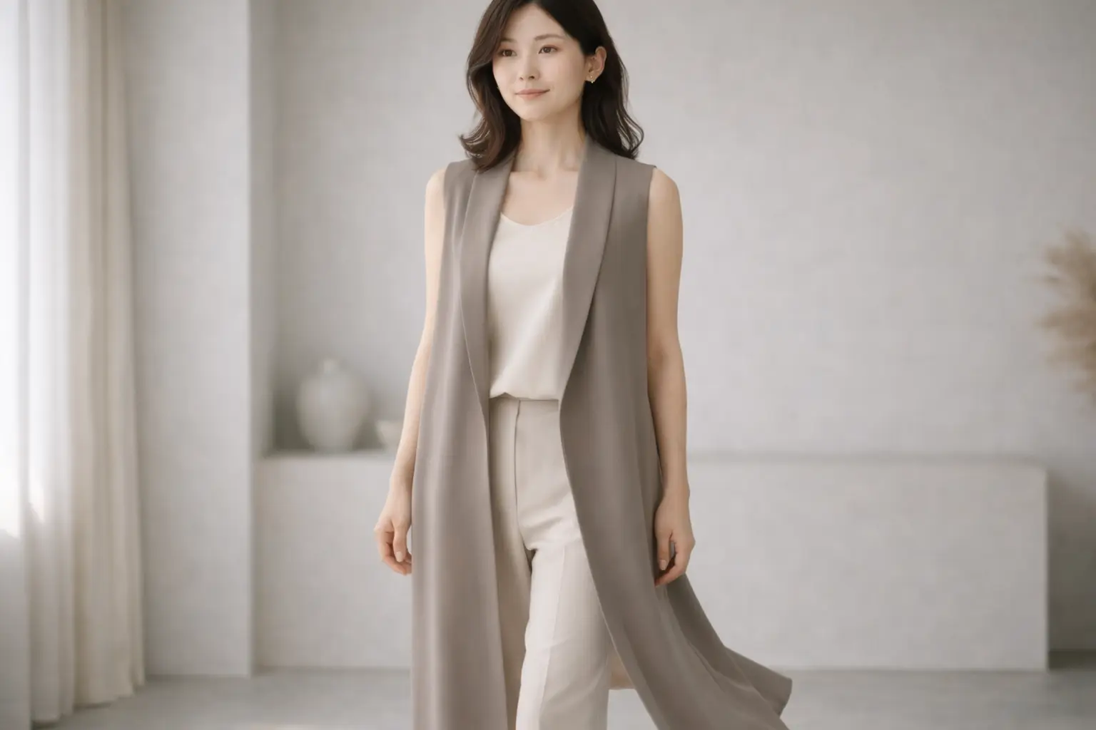 ワントーン配色で縦長効果を出した大人向けジレコーデ