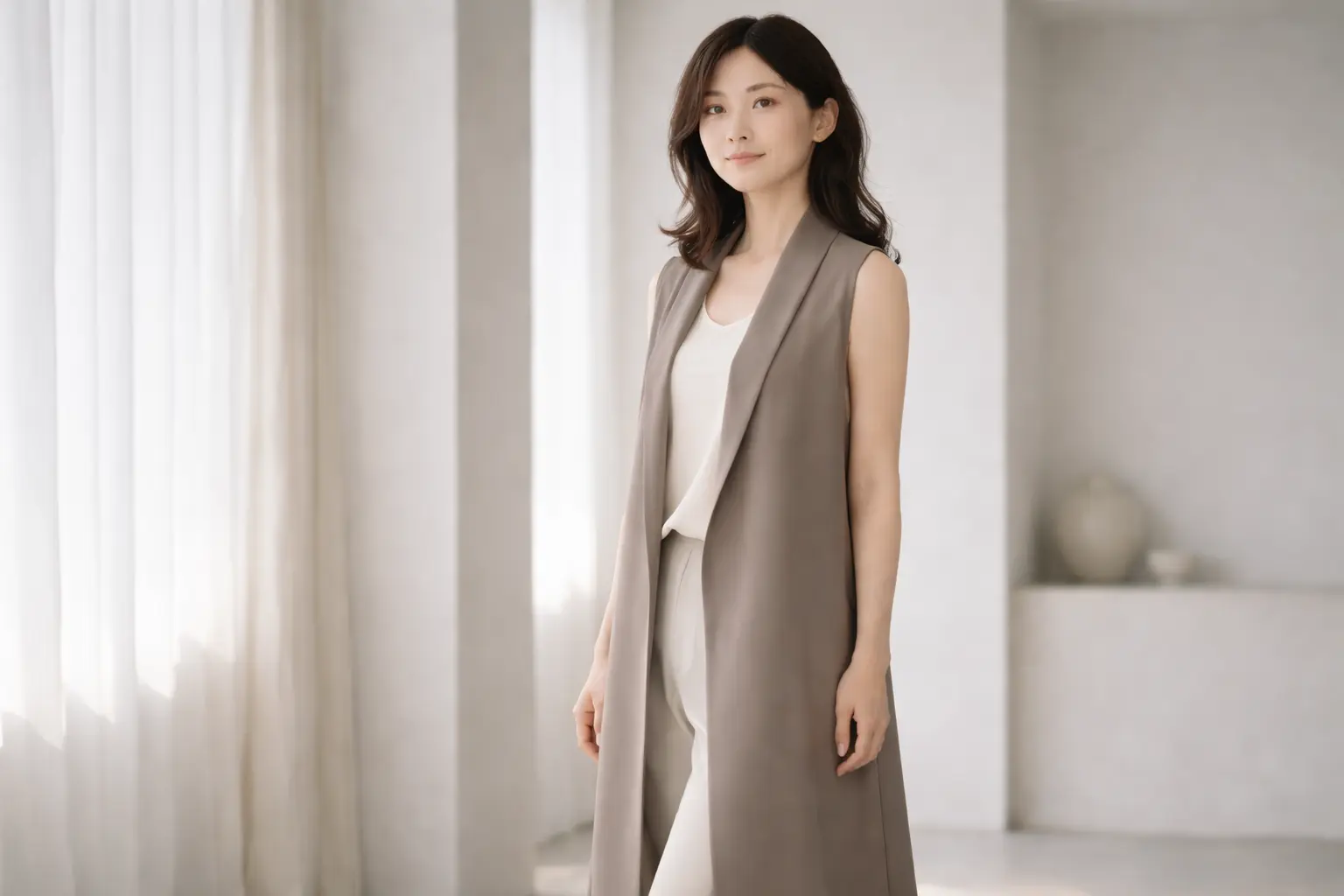 ジレで縦ラインが強調され体型がすっきり見える立ち姿