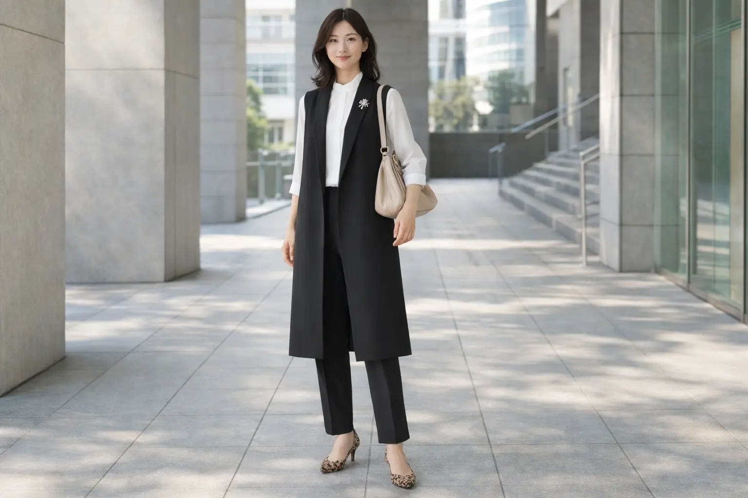 黒のロングジレと白シャツ、レオパード柄パンプスを着用した女性の全身コーディネート