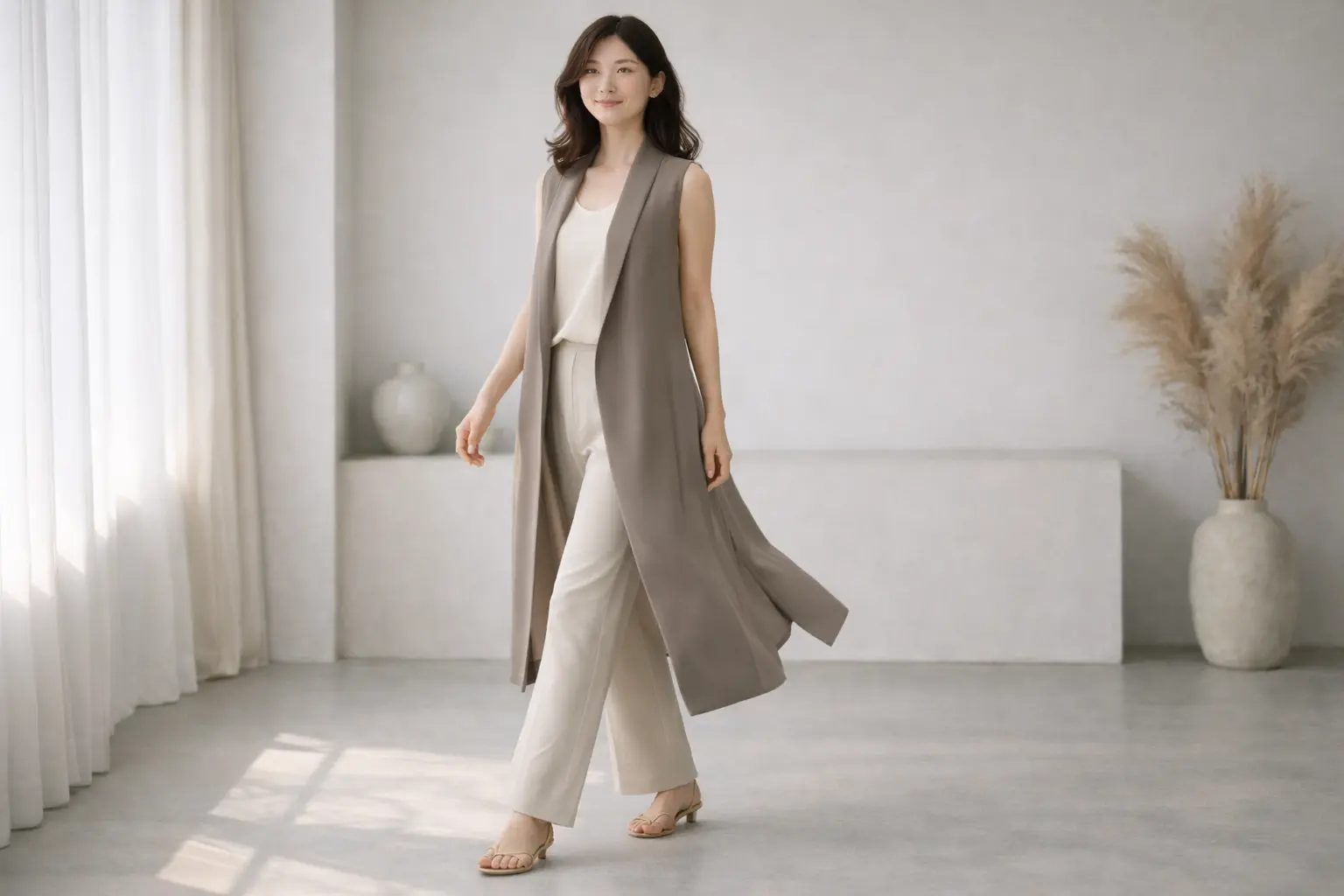 落ち感のあるジレで太って見えないシルエットを表現したコーデ