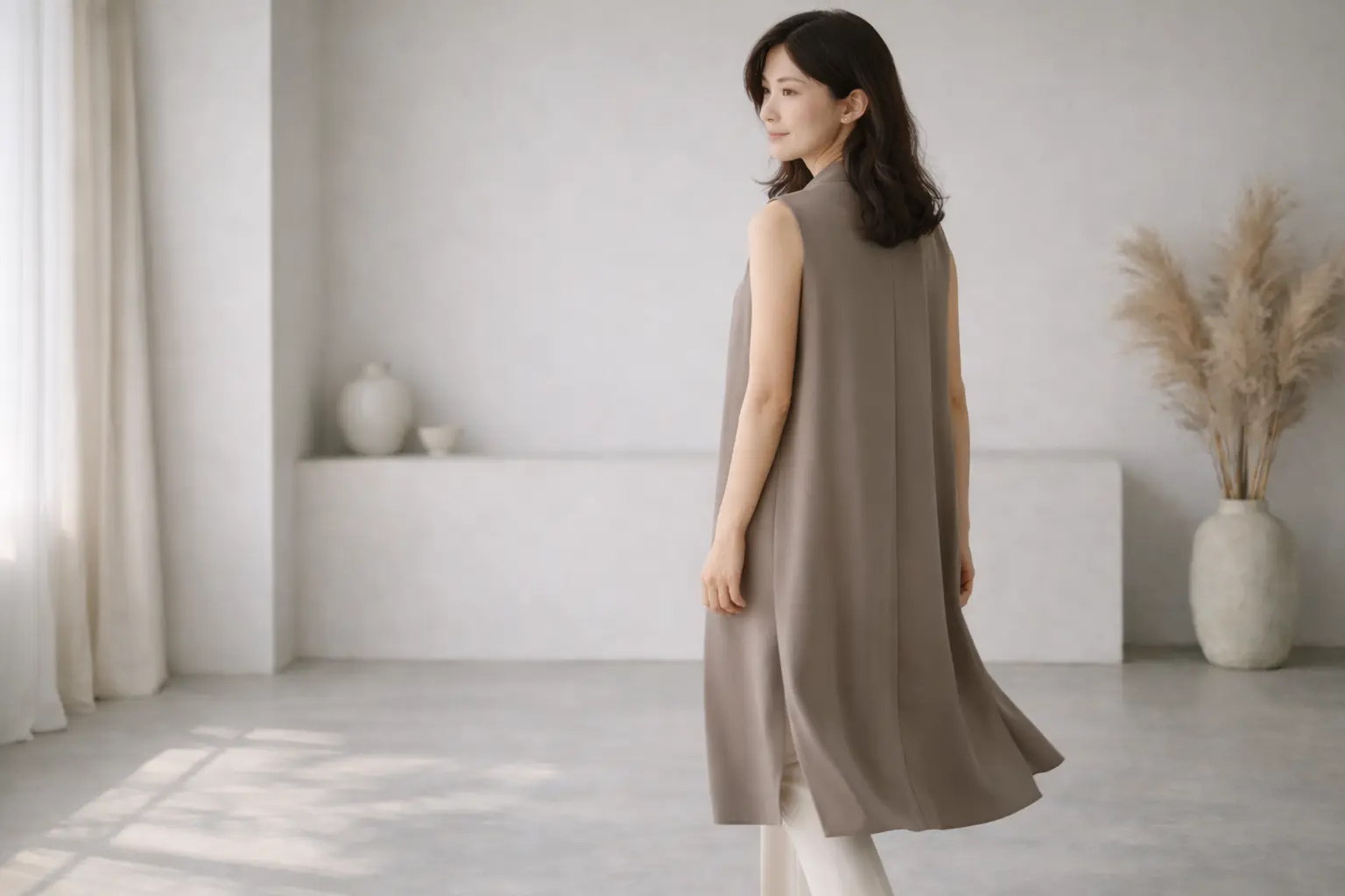 ロングジレでお腹やお尻を自然にカバーした横からのシルエット