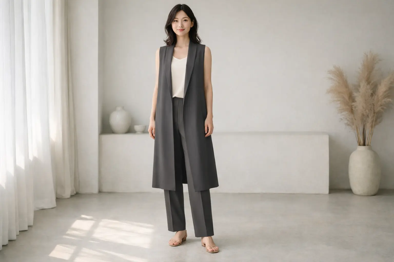 落ち感のある素材とVネックのロングジレを着用し、すっきりと着痩せして見える女性の全身コーディネート