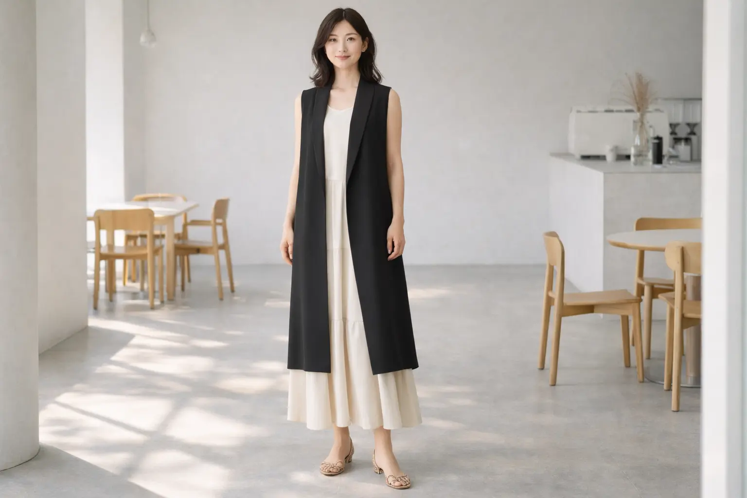 ふんわりとしたワンピースに黒の直線的なロングジレを羽織り、甘さを抑えて引き締まった印象の女性のコーディネート