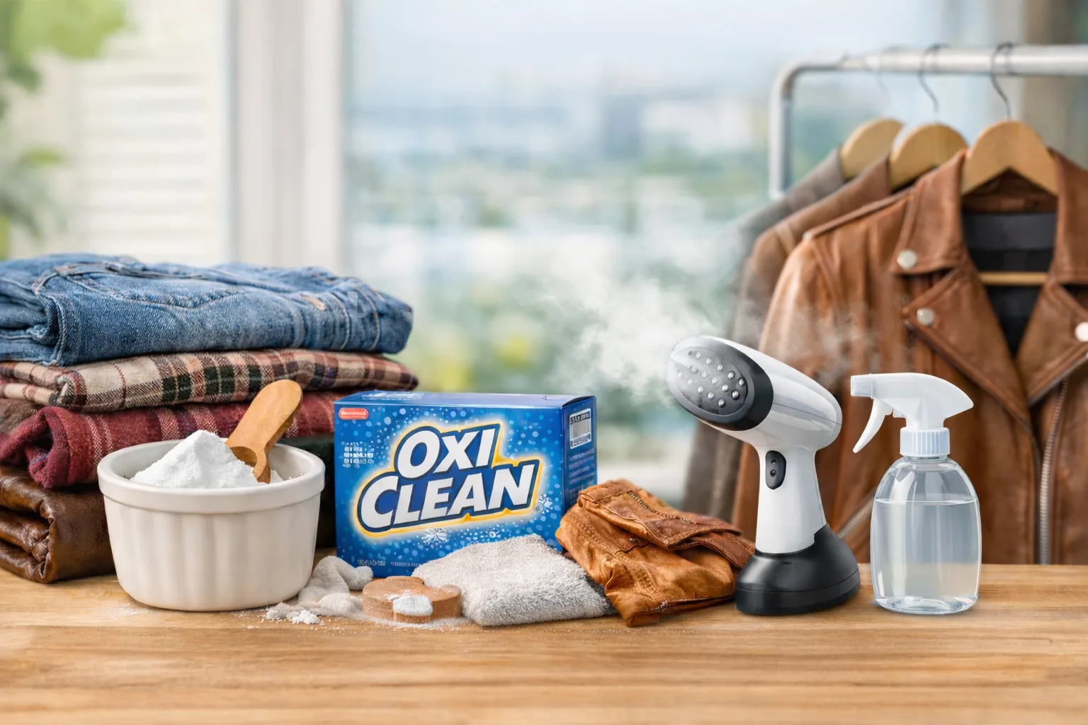 古着の臭いの取り方をイメージした重曹やスチームアイロンなどの消臭ケア用品。YUVENIR STYLE LAB