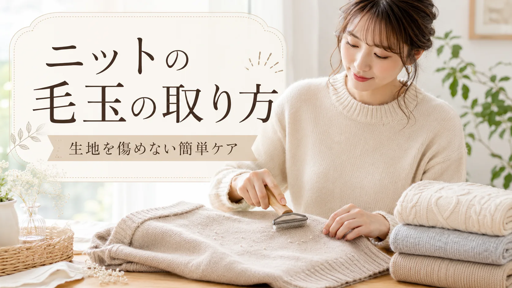 ニットの毛玉を専用ブラシでやさしく取り、生地を傷めないケア方法を紹介するアイキャッチ画像