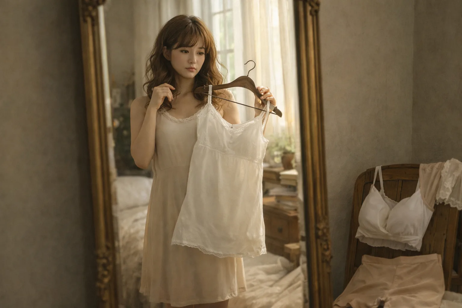 ワンピースのインナー選びを鏡で確認する女性（透け・ライン対策）YUVENIR STYLE LAB