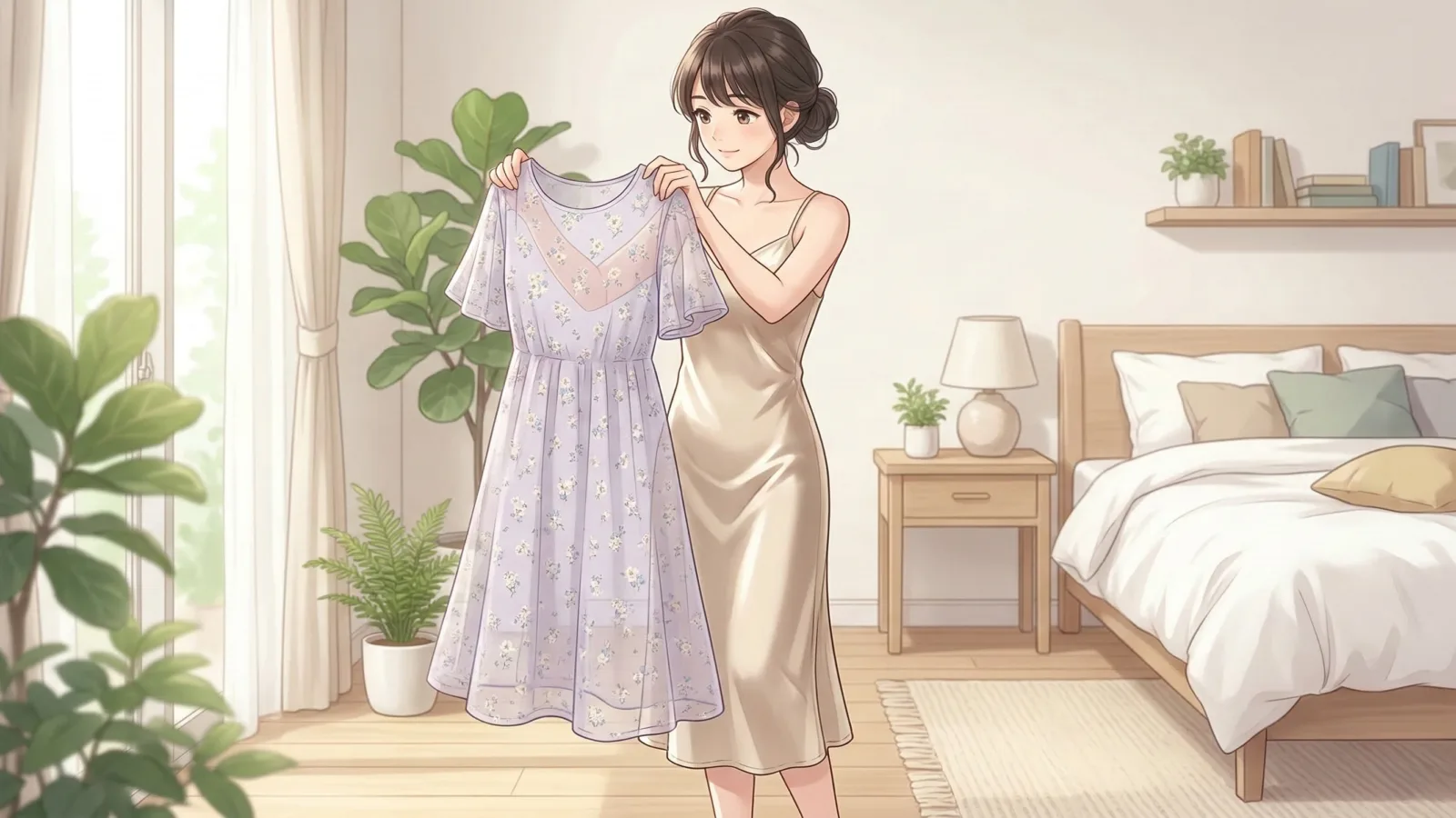 ワンピースの透け対策として、肌なじみの良いベージュのスリップをインナーに合わせる様子のイラスト YUVENIR STYLE LAB