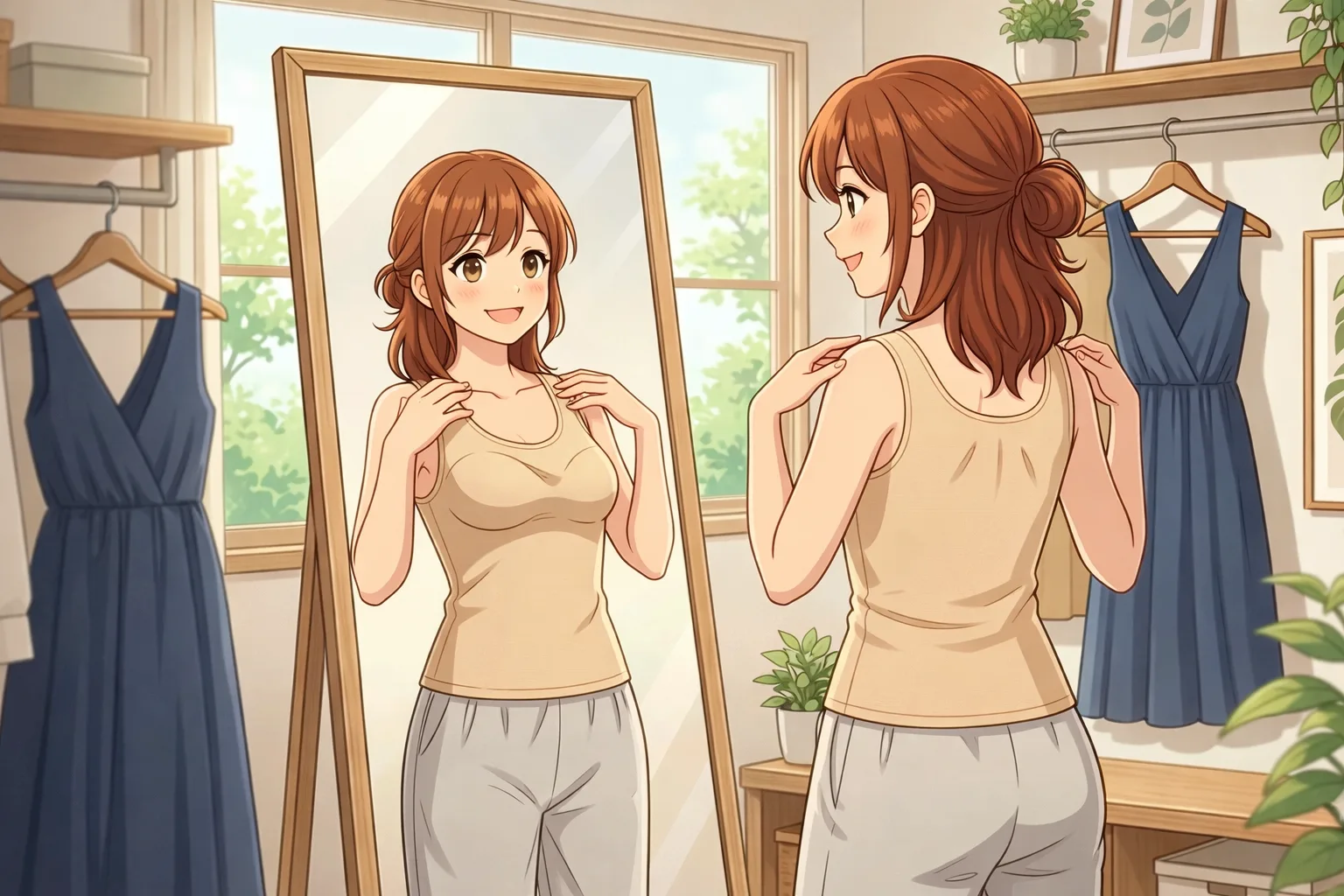 ベージュのカップ付きインナーで透け対策をするコーデ確認のイメージ YUVENIR STYLE LAB