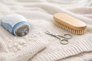 ニットの毛玉と毛玉取り機・ブラシ・ハサミでのお手入れイメージ　YUVENIR STYLE LAB