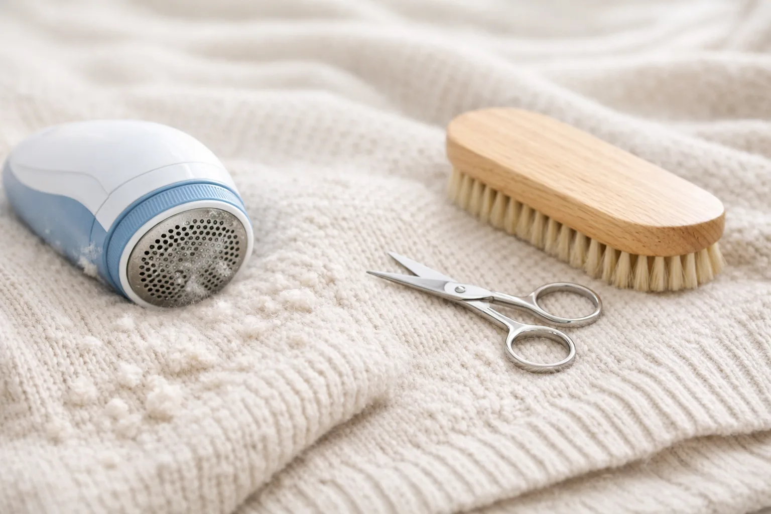 ニットの毛玉と毛玉取り機・ブラシ・ハサミでのお手入れイメージ　YUVENIR STYLE LAB