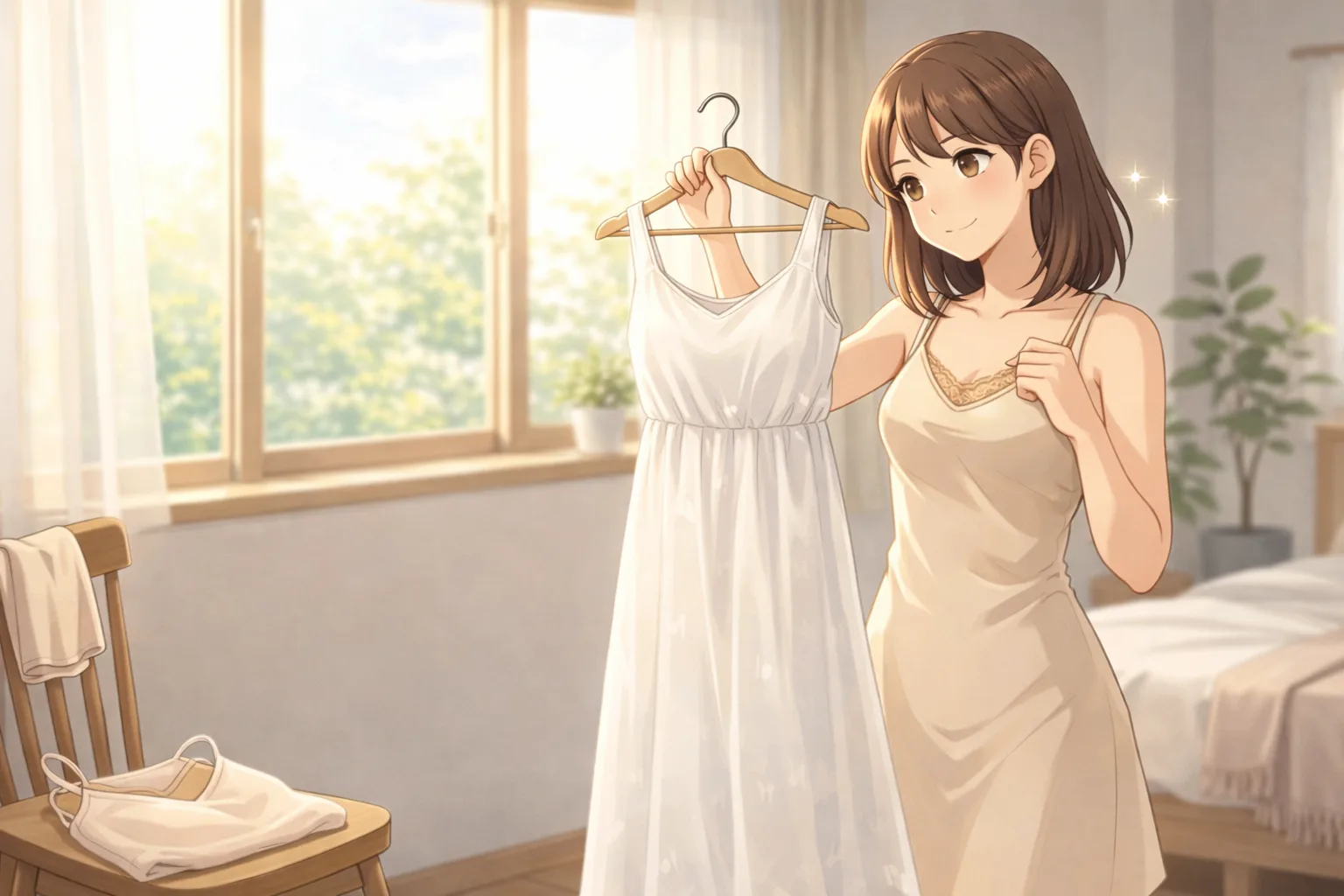 白いワンピースの透け対策としてベージュのインナーを選んでいる女性のイメージ YUVENIR STYLE LAB