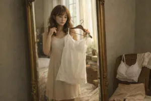 ワンピースのインナー選びを鏡で確認する女性（透け・ライン対策）YUVENIR STYLE LAB