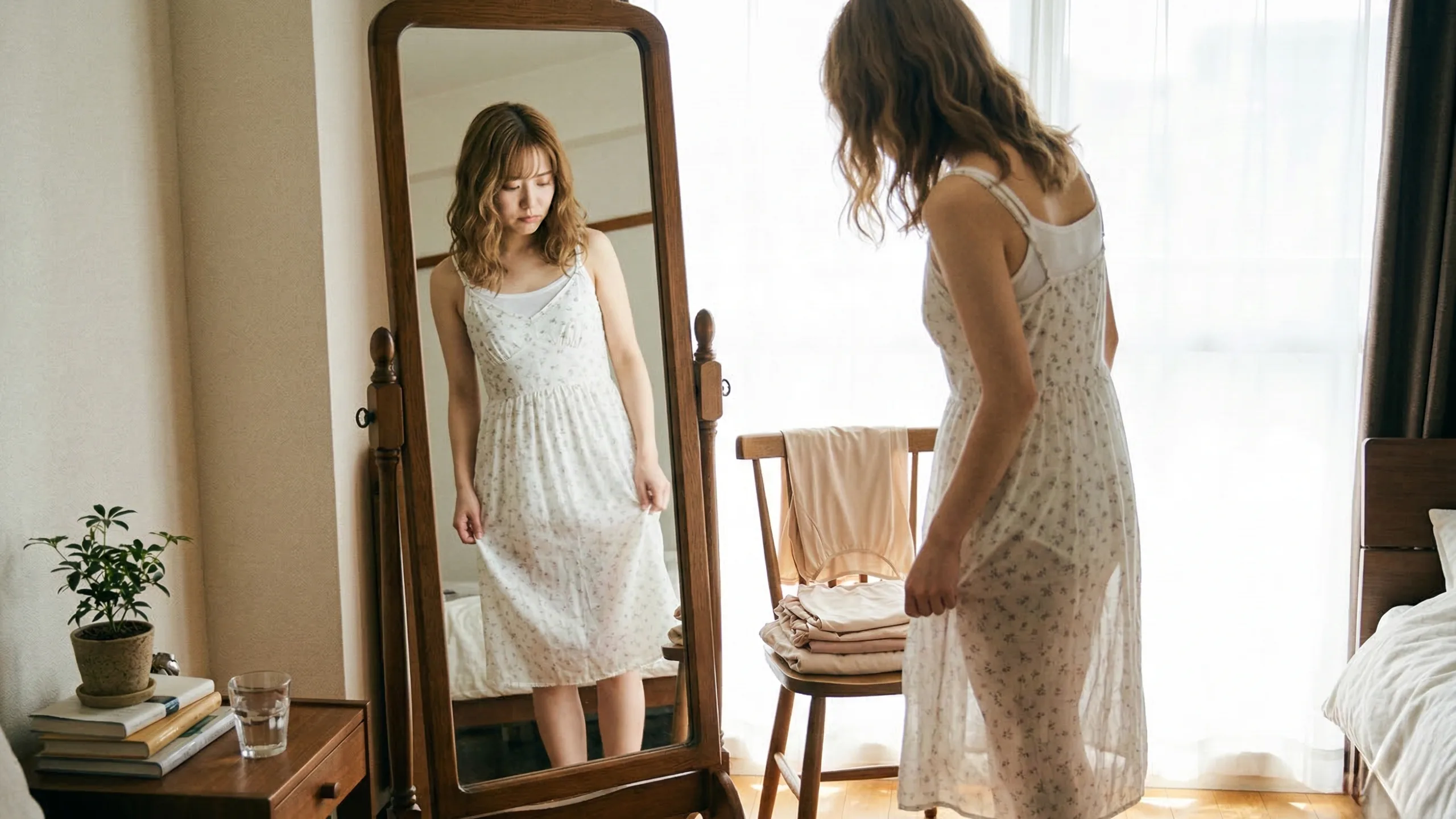 女性が鏡の前で、白い薄手のワンピースとキャミソールを合わせています。YUVENIR STYLE LAB