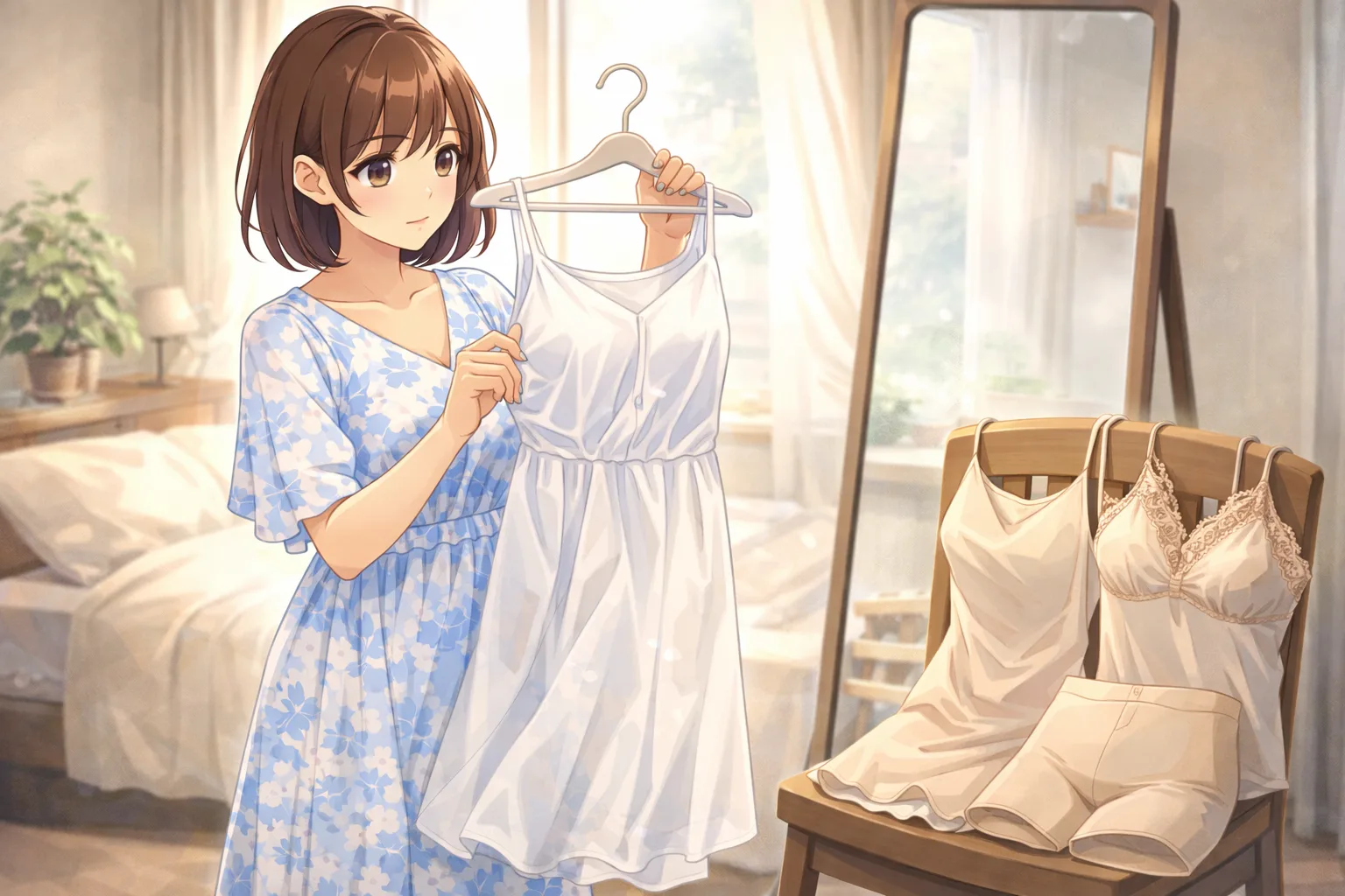 透け感のある白いワンピースを手に取り、ベージュのスリップやキャミソールなどのインナーを選んでいる女性のアニメ風イラスト YUVENIR STYLE LAB