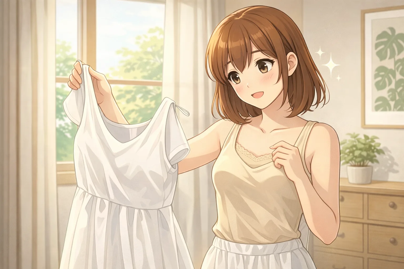 白いワンピースにベージュのインナーを合わせて透け対策をするイメージ