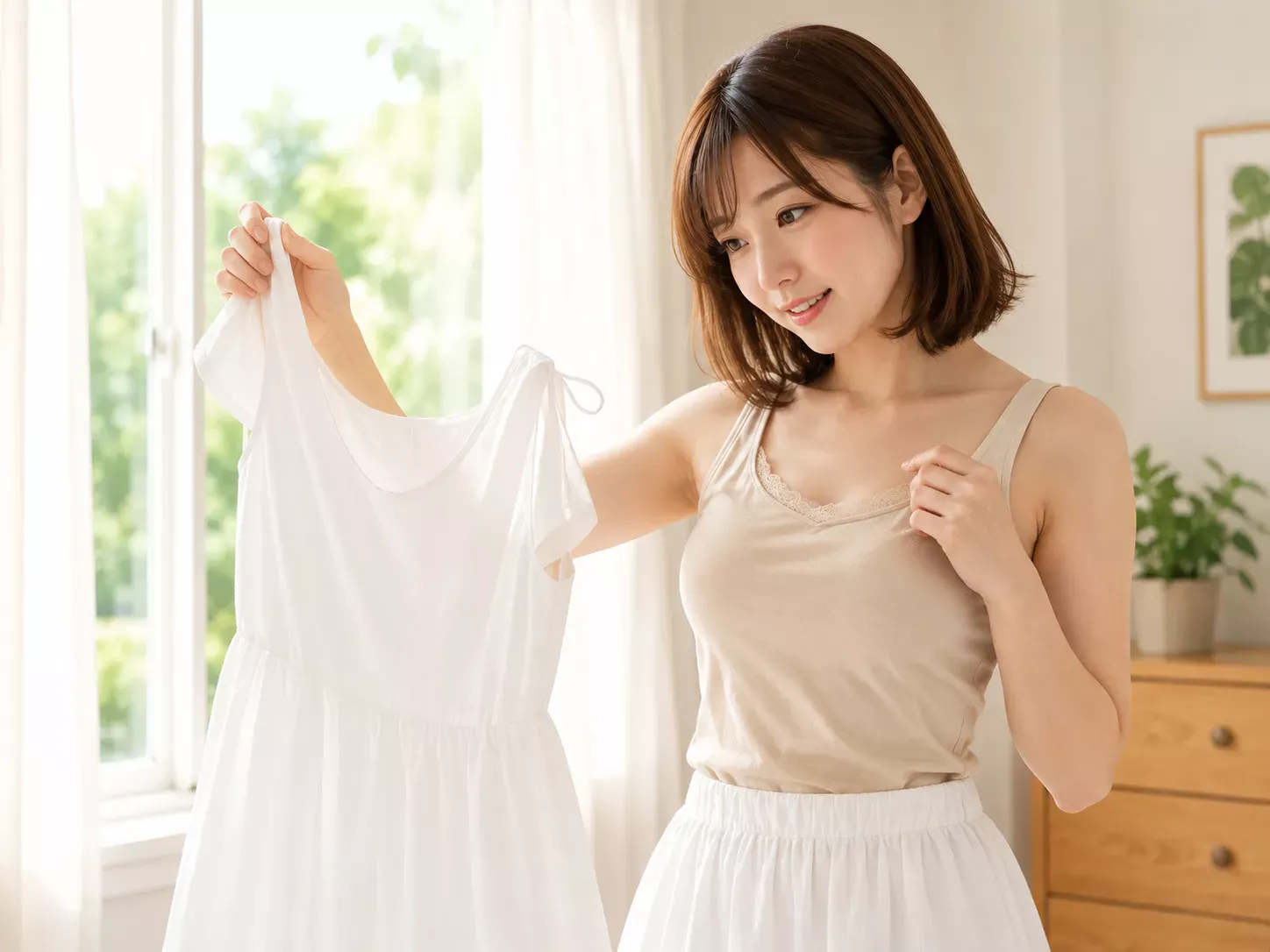 ベージュのレース付きキャミソールを着て、白い薄手ワンピースとの透け具合を確認する女性