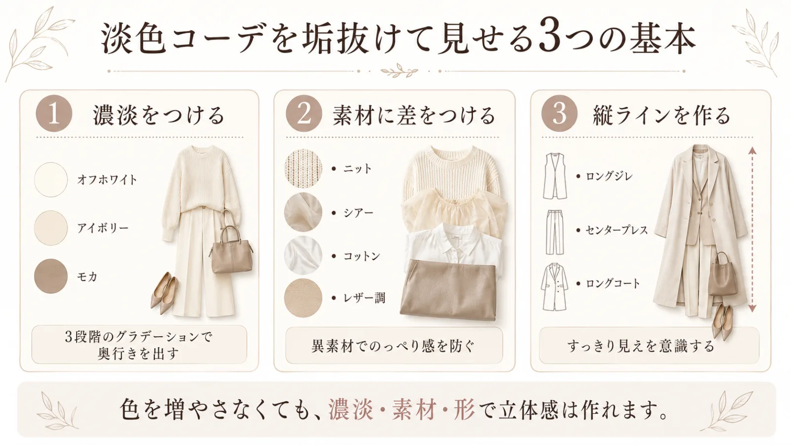 淡色コーデを垢抜けて見せる濃淡・素材・シルエットの3つの基本をまとめた図_YUVENIR STYLE LAB