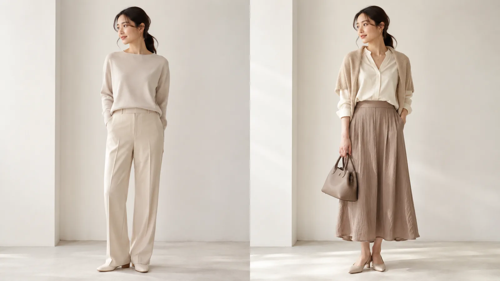 単調な淡色コーデと濃淡をつけた淡色コーデの比較_YUVENIR STYLE LAB