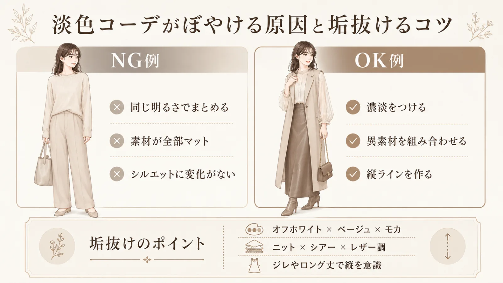 単調な淡色コーデと垢抜けた淡色コーデの違いを比較した図_YUVENIR STYLE LAB