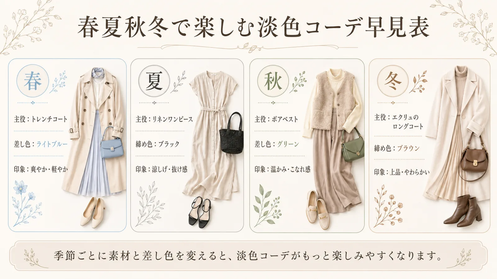 春夏秋冬の淡色コーデの主役アイテムと差し色をまとめた早見表_YUVENIR STYLE LAB