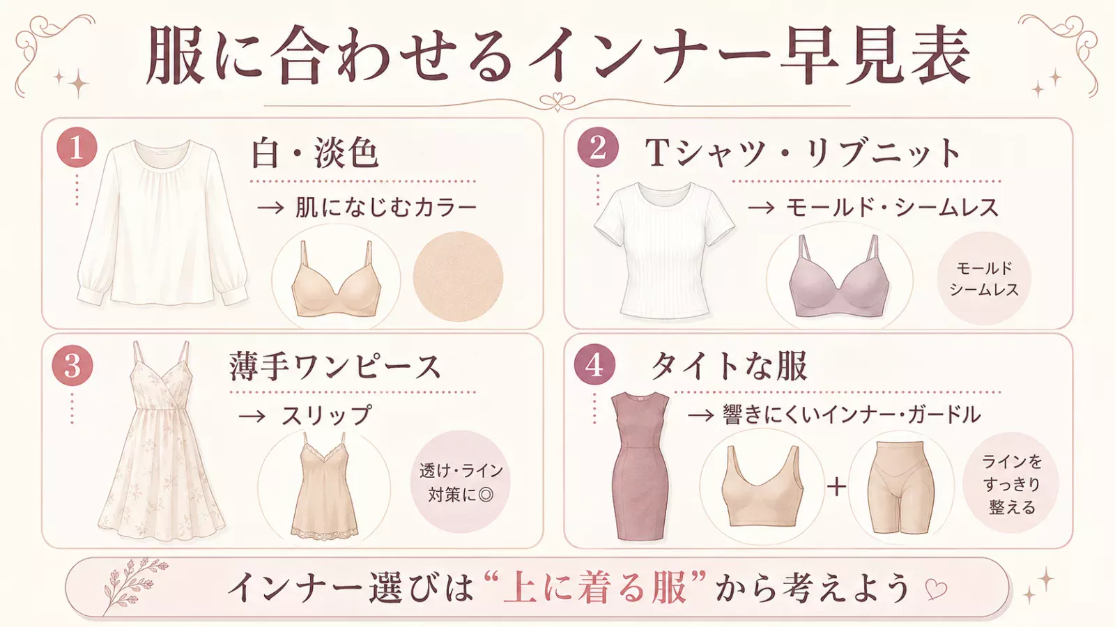 洋服の種類別に合わせやすいアンダーウェアを示した早見表