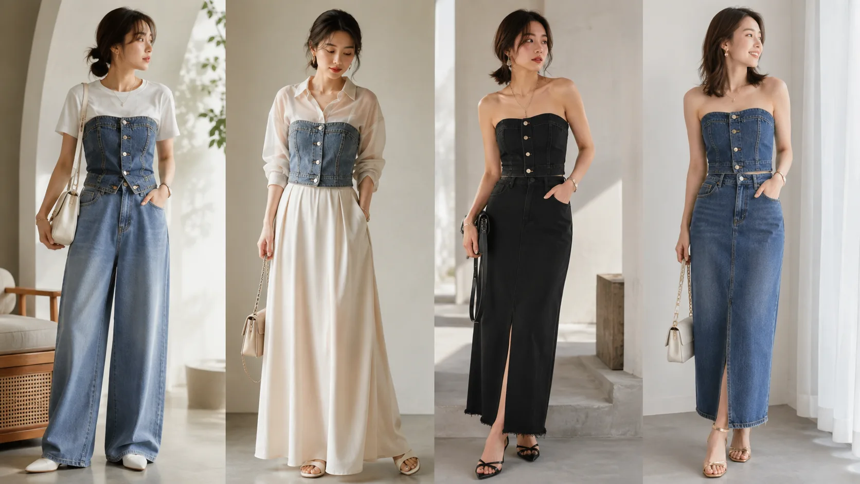 白Tシャツ×ワイドデニム、シアーシャツ×ロングスカート、ブラックデニムのモードコーデ、デニムのセットアップ風スタイルなど、デニムビスチェを使った4つの着こなし例。レディース古着と着こなし提案 YUVENIR|Used clothing store | YUVENIR STYLE LAB
