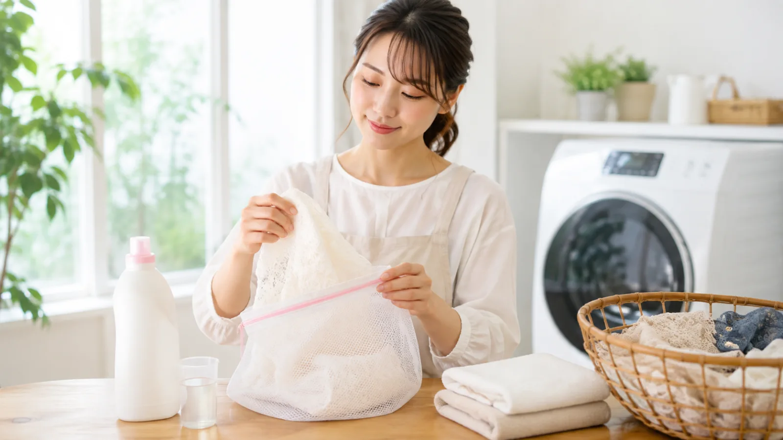 レース素材の衣類を洗濯ネットに入れ、おしゃれ着用洗剤と一緒に洗濯機で洗う準備をしている女性。レディース古着と着こなし提案 YUVENIR|Used clothing store | YUVENIR STYLE LAB