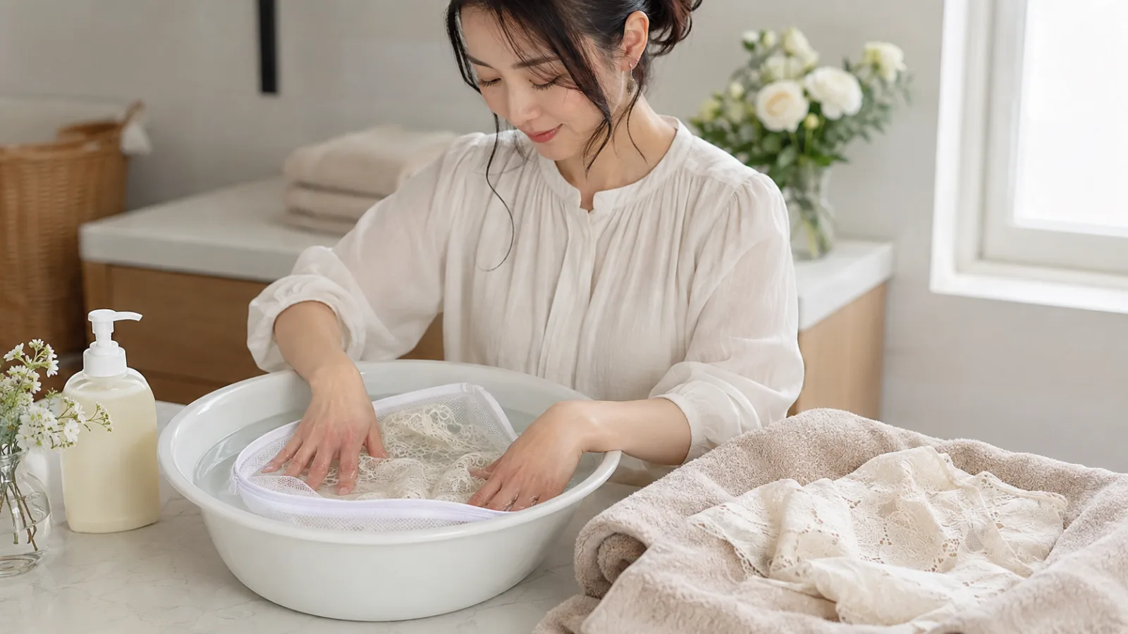 レース素材の衣類を洗濯ネットに入れたまま、やさしく押し洗いして手洗いしている女性。レディース古着と着こなし提案 YUVENIR|Used clothing store | YUVENIR STYLE LAB