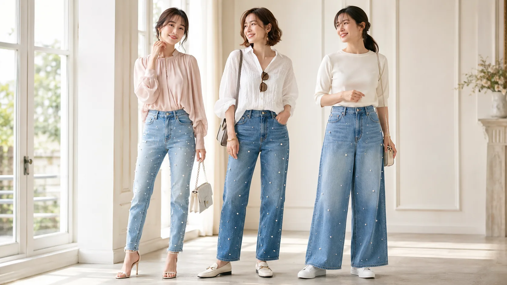 パール付きデニムパンツを、ブラウス×ヒール、シャツ×ローファー、カットソー×スニーカーで着こなす3人の女性。レディース古着と着こなし提案 YUVENIR|Used clothing store | YUVENIR STYLE LAB