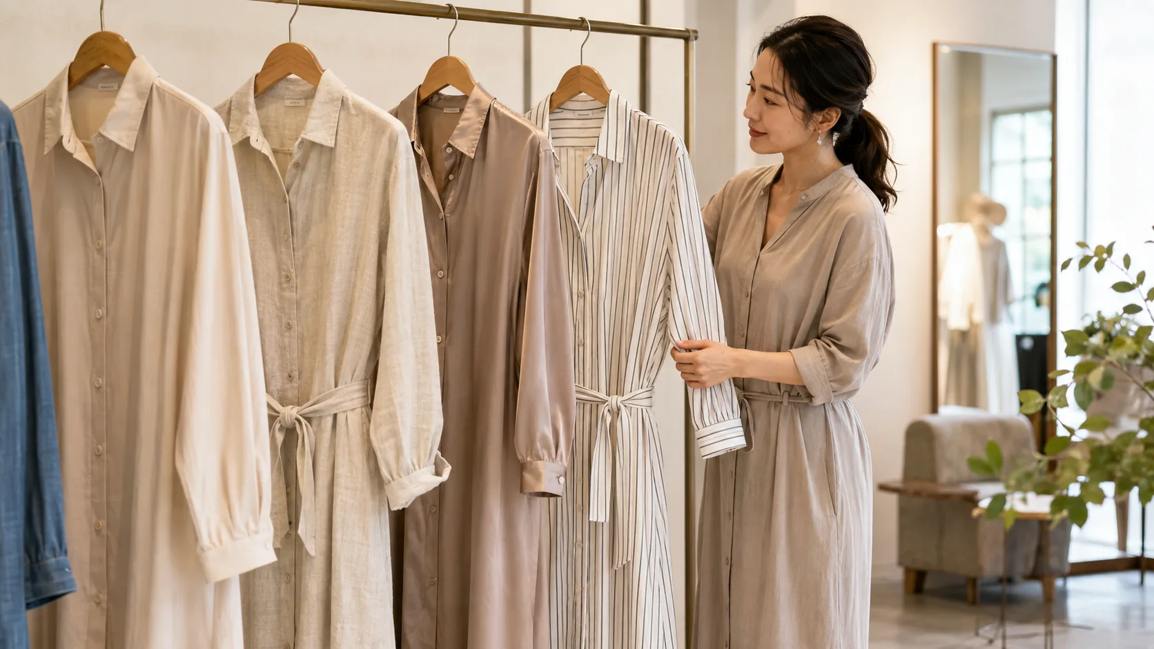 シャツワンピースの素材やデザインの違いを見比べながら、自分に合う一枚を選んでいる女性。レディース古着と着こなし提案 YUVENIR|Used clothing store | YUVENIR STYLE LAB
