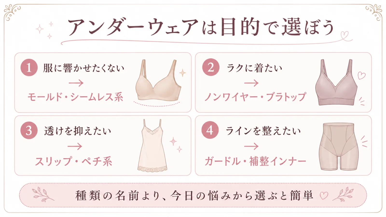 悩み別に適したアンダーウェアの種類を示した図解