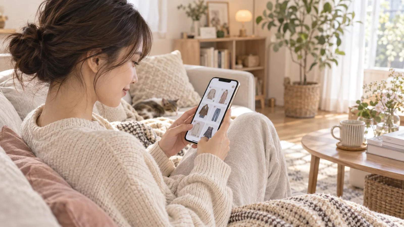 スマートフォンで古着の商品ページを確認する女性