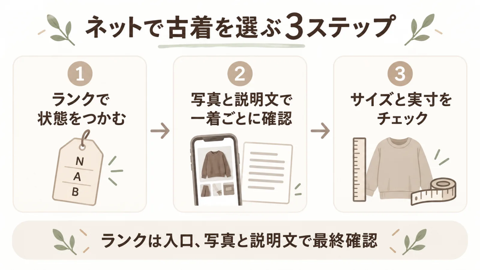 ランク・写真と説明文・サイズの順に古着を確認する3ステップ