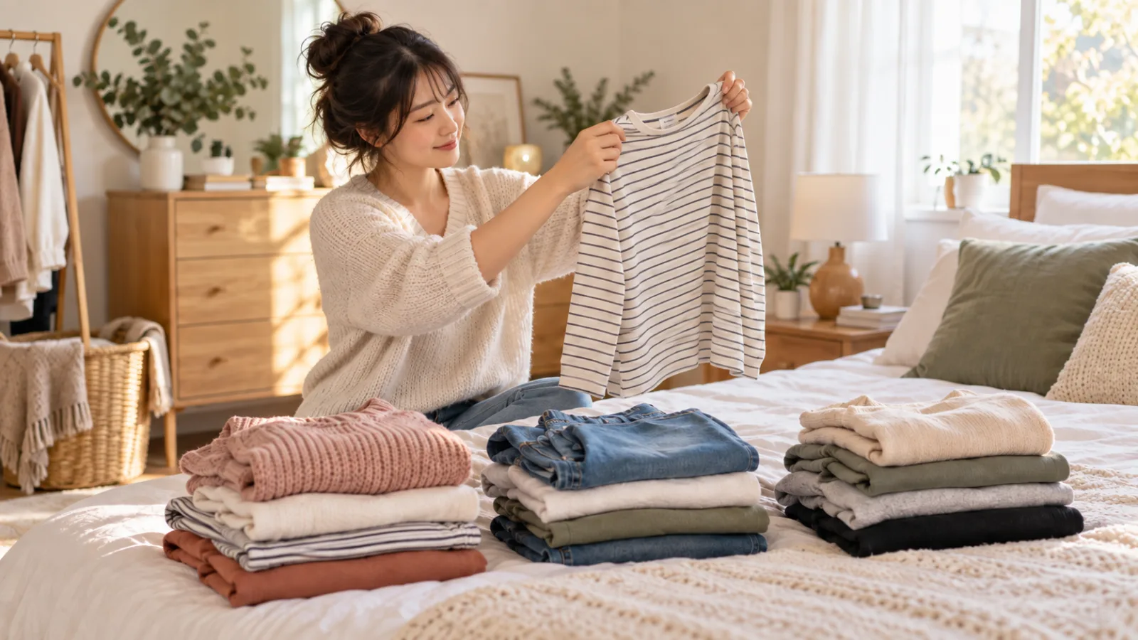 服を3つの山に分けながら一着を手に取って見ている女性