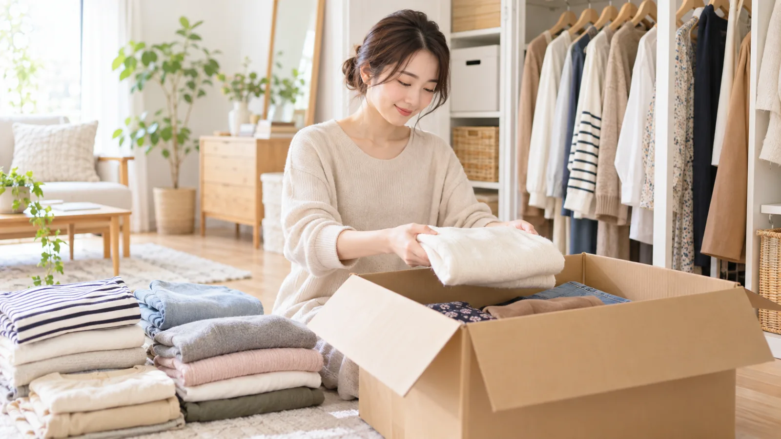 明るい部屋で、女性がクローゼットから取り出した服をたたんで箱に詰めている様子