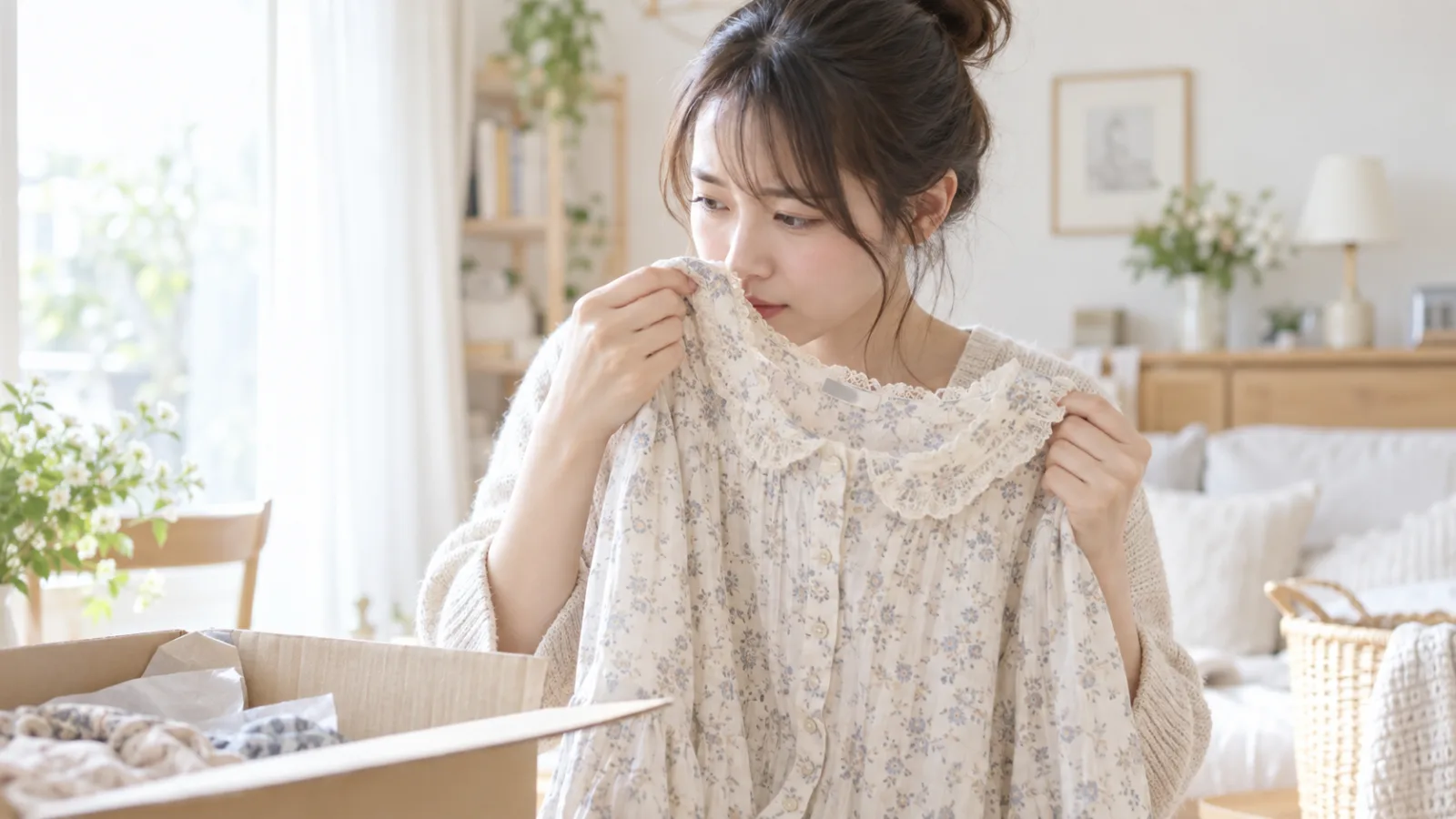 購入した古着のニオイを確認している女性