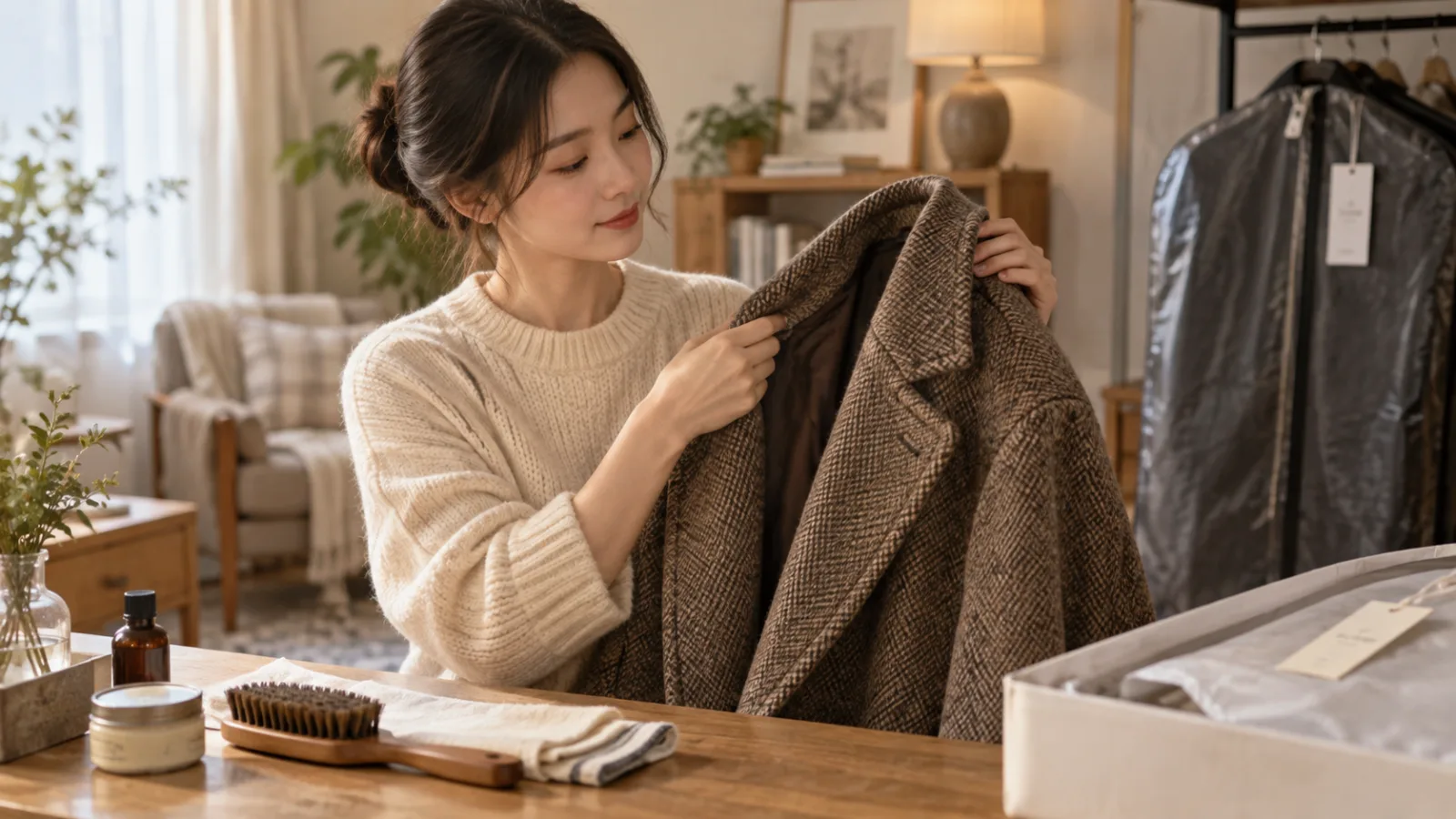 古着を自宅でケアするかクリーニングに出すか検討している女性